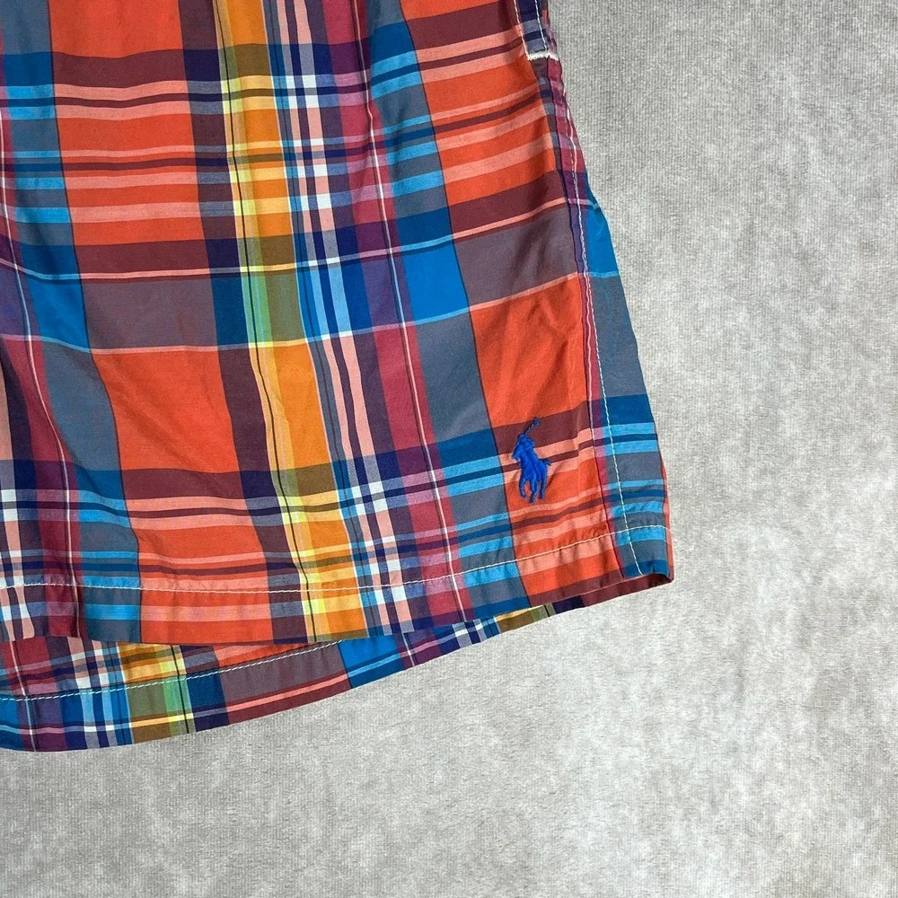 Polo Ralph Lauren Swim Shorts Mens‎ Medium Red Blue Plaid Drawstring Mesh Preppy